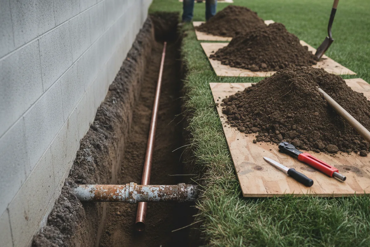 Excavated water line trench during Water Heater Repair in Charles Town
